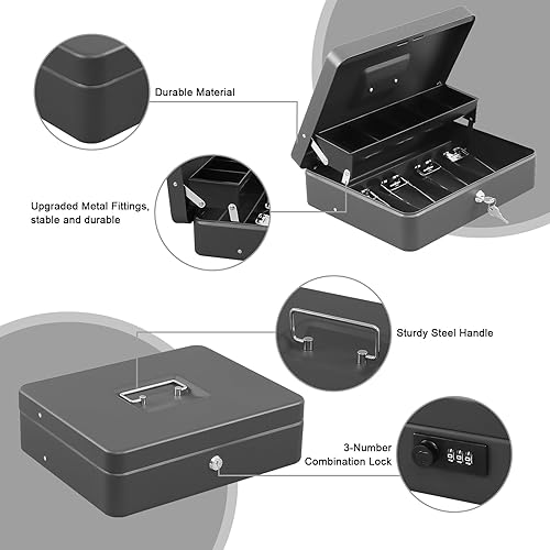 Miniatura 4 de xydled Caja de efectivo con bandeja de dinero y cerradura de llave, caja de seguridad con bandeja para efectivo, caja de seguridad con llave,