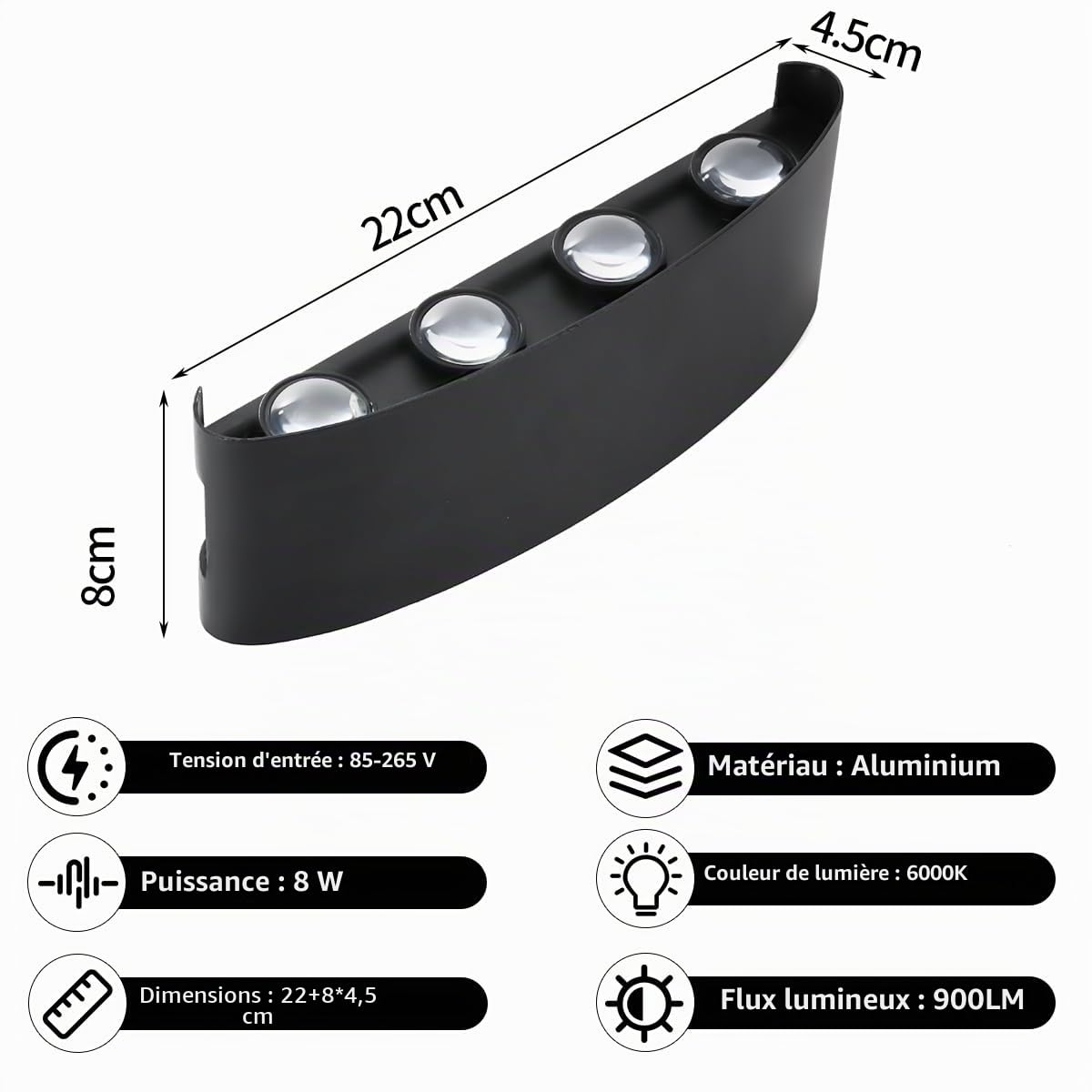 LED Applique Murale Intérieur/Extérieur, 8W 6000K Blanc Froid Lampe Murale, IP65 Etanche Moderne Éclairage Mural, Aluminium Luminaire Murale pour Chambre Couloir Salon Escalier