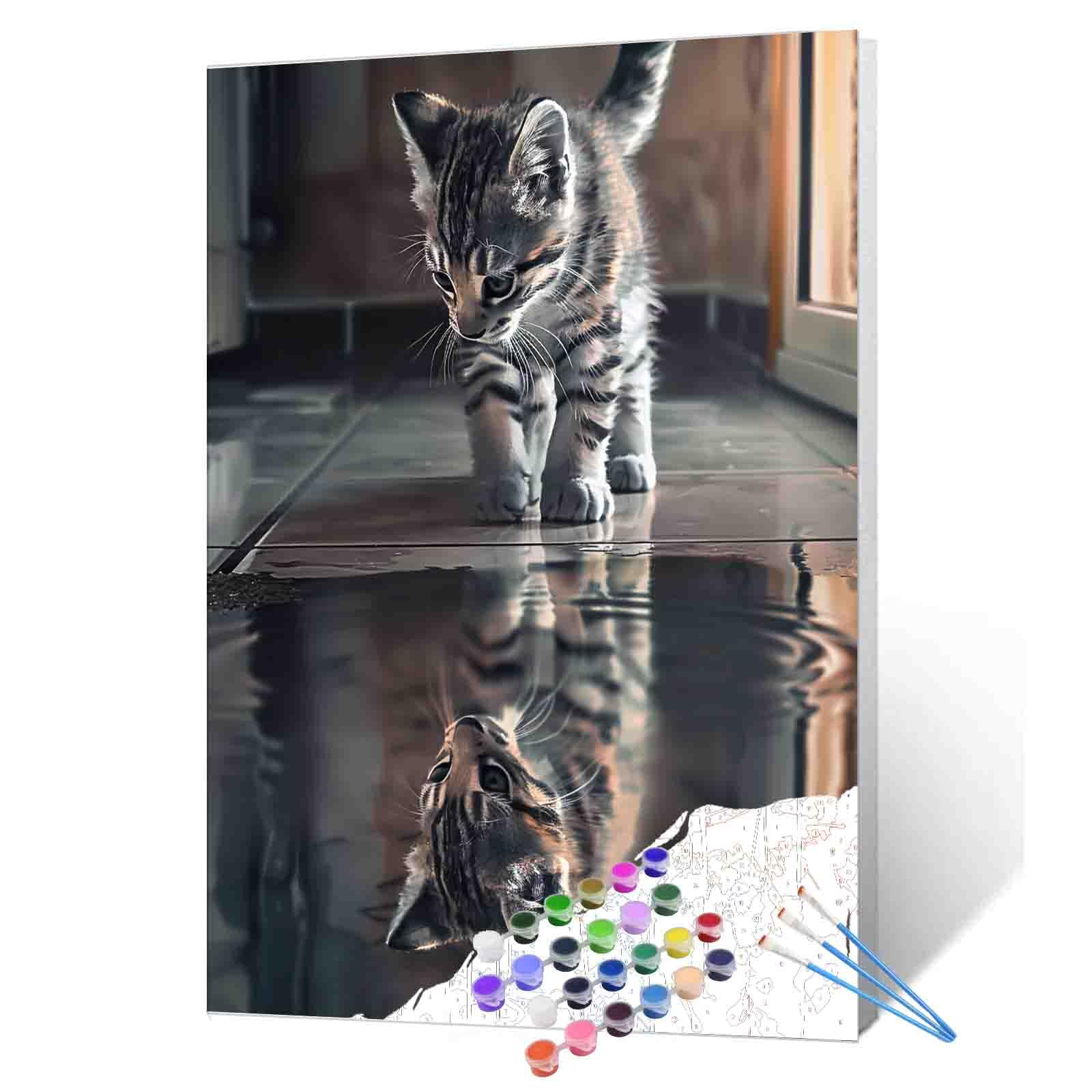 DIY Paint by Numbers for Adult Animal Reflection Black White Kitten or Tiger Canvas Oil Painting Acrylic Watercolor Paint Kits for Beginner Kids Home Bedroom Wall Art Decor 16''W x 20''H（Frameless）