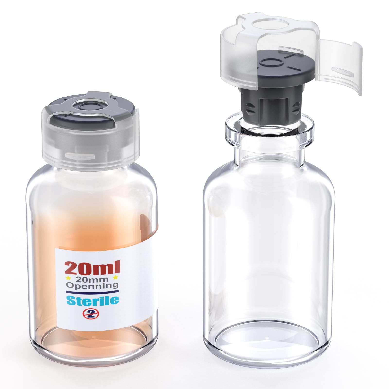 Sterile Glass Vials with Locking Cap and Butyl Rubber Self Healing Injection Port,Buckle Cover Sample Vials Individually Sterilized Package by ZHANXUBIO (10,20ml)