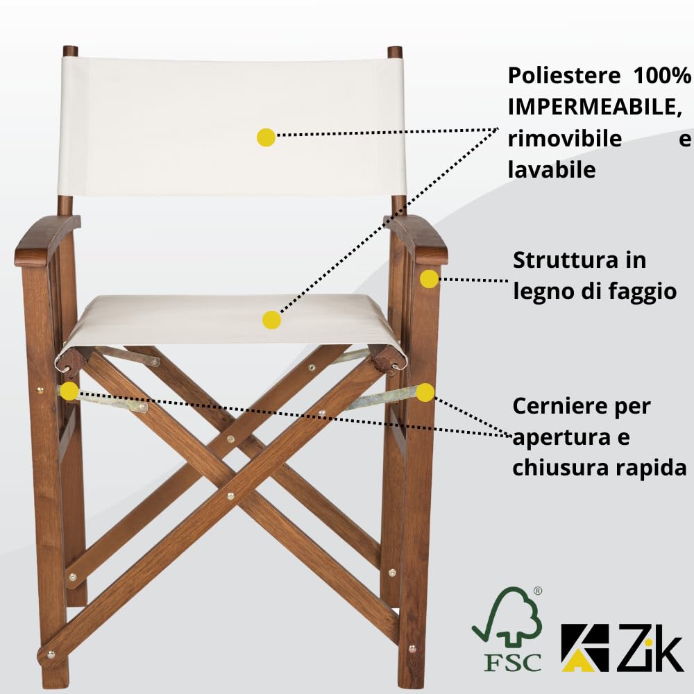 ZIK - Set 2 Sedia da Regista con Tavolo in Legno di Faggio Resistente, Sedia da Esterno Pieghevole e Richiudibile, Sedie in Legno da Giardino, Balcone, Veranda, Facile Manutenzione e Pulizia