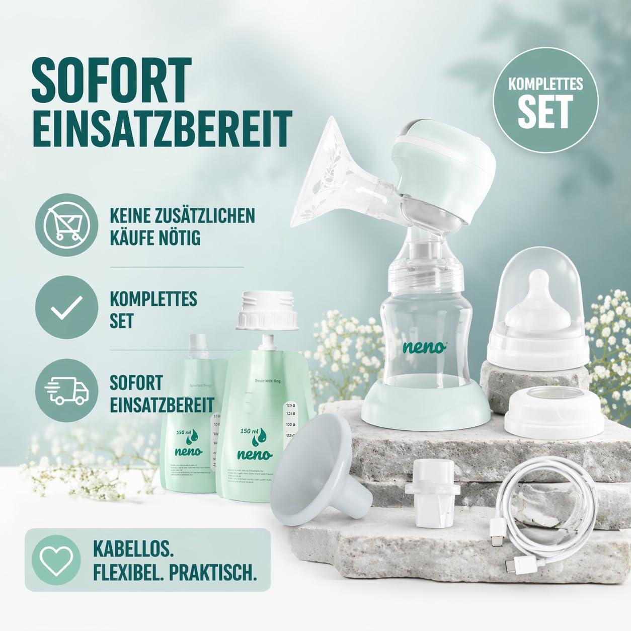 NENO Angelo Milchpumpe Elektrisch Milch Pumpe Kabellos Muttermilch Abpumpen | mit Elektrischer Brustpumpe - Dreiphasen – mit 2 Milchbeuteln & Sauger – 9 Modi & 9 Stufen – BPA-frei