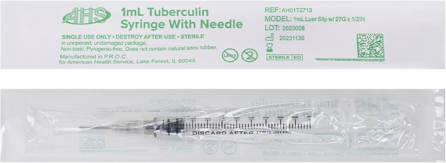 Generic 100 Pack, 1mL Tuberculin Syringes with Needle Luer Slip Syringe Individually Packaged (1mL, 27G x 1/2in)