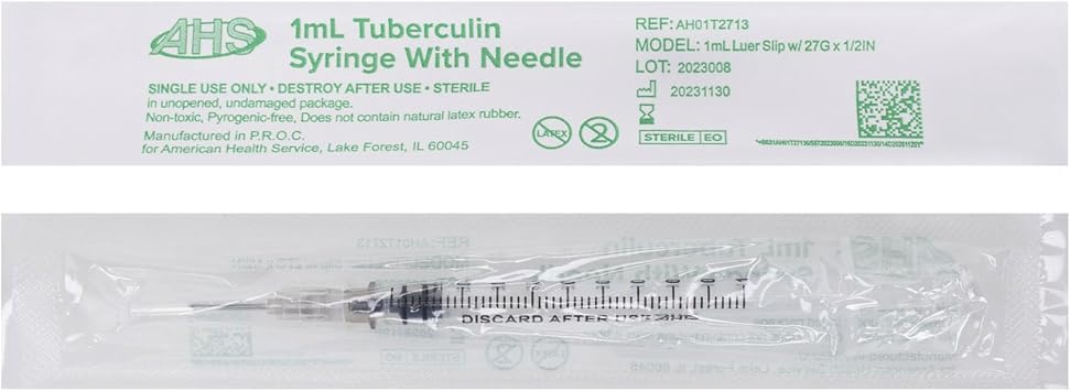 Generic 100 Pack, 1mL Tuberculin Syringes with Needle Luer Slip Syringe Individually Packaged (1mL, 27G x 1/2in)