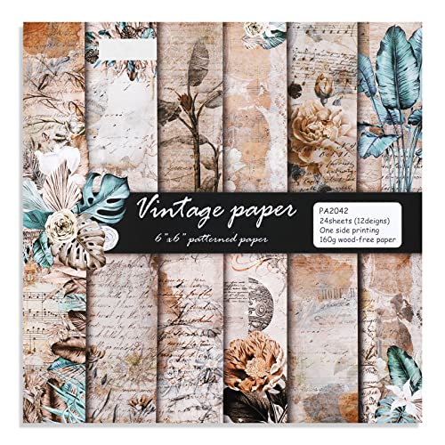 Vondyu 6 X 6" Vintage Scrapbook Paper Pad, Floral Palm Leaf Pattern Memories Old Paper Handmade Diy Scrapbooking Supplies Decoration Label For Craft Paper ​Kit Collectio - 24 Sheets Set #TOP24