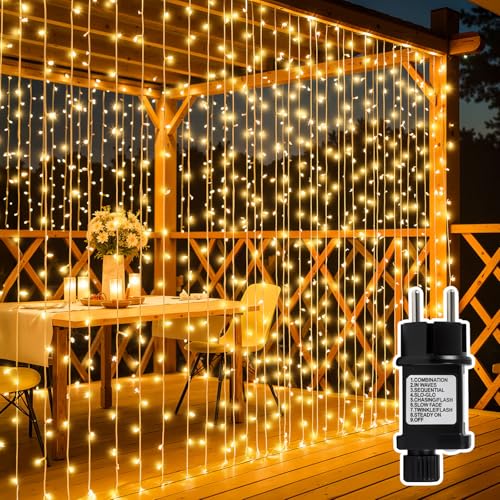 Focxoio LED Lichtervorhang 6×3m 600LED Lichterkette Vorhang Außen...