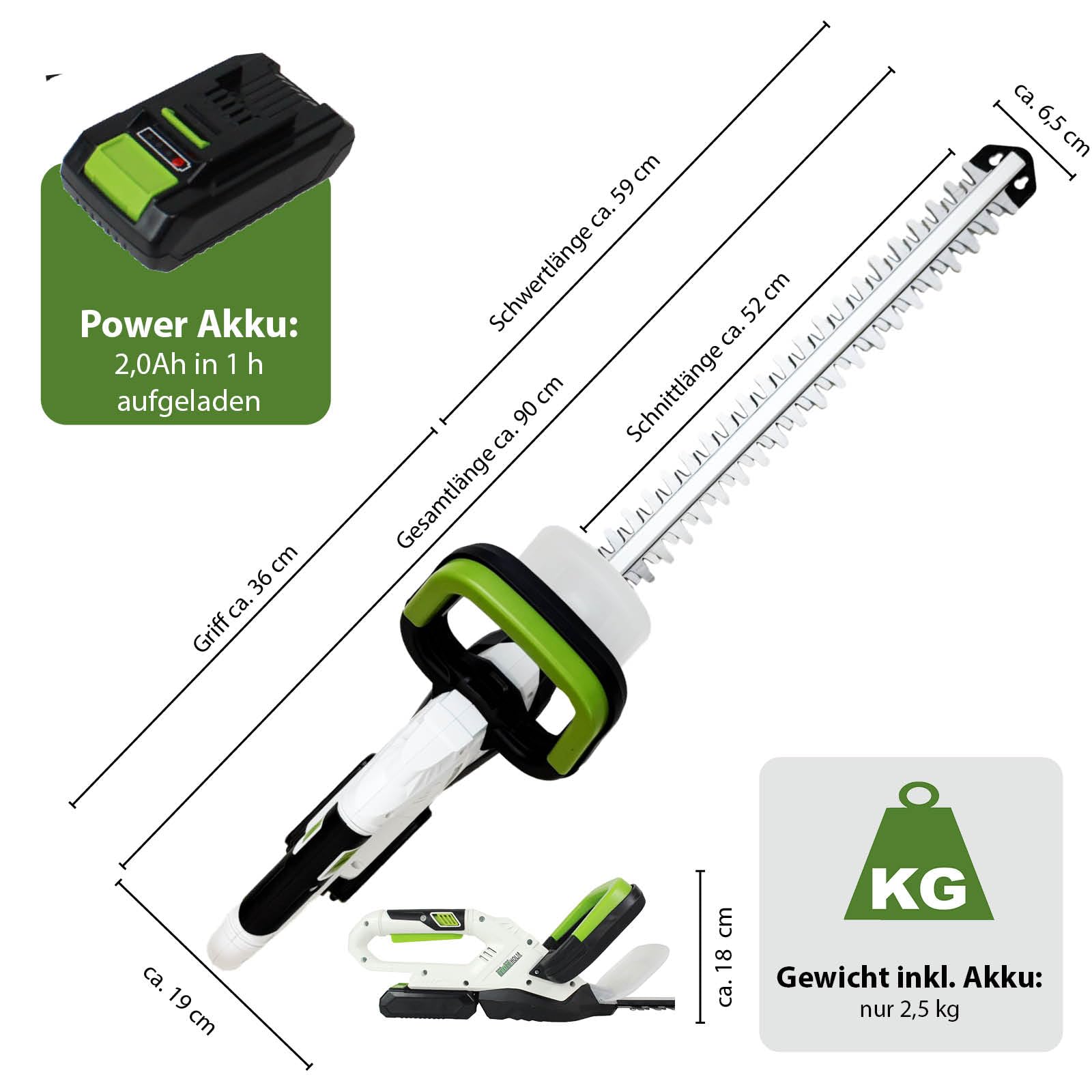 TRUTZHOLM Akku Heckenschere 20V/2,0Ah mit Akku und Schnellladegerät, 52cm Schnittlänge, 65mm Schnittbreite, 10mm Aststärke, drehbarer Griff 180°, Messeranstoßschutz, 40min Laufzeit, 2,5kg leicht
