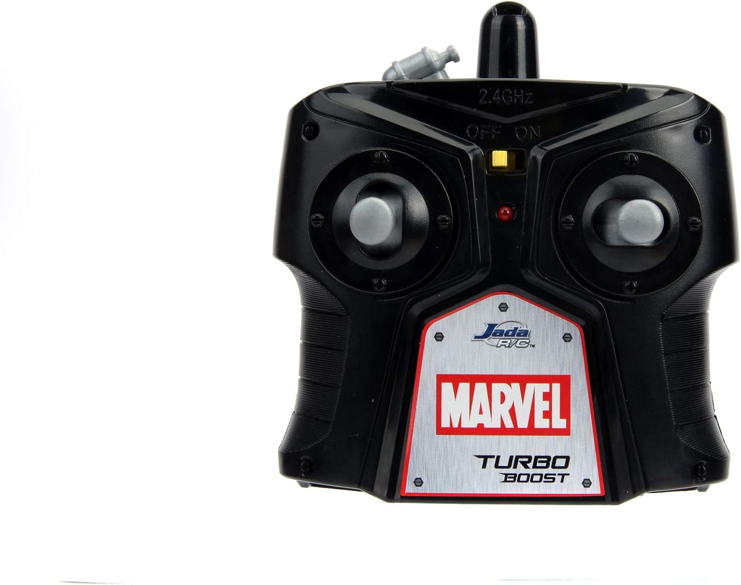 Sun mo tipetipe view of the 2.4 GHz remote control for the RC car, showing the joysticks and power switch.