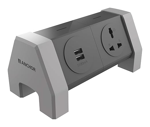 Smart Anchor by Panasonic 22060 10A Revolving Horizontal Tower Spike Guard - 3 Sockets + 2 USB Port 1.6 Mtr (Black & Grey), 2400 watts, 240 volts, Multicolour