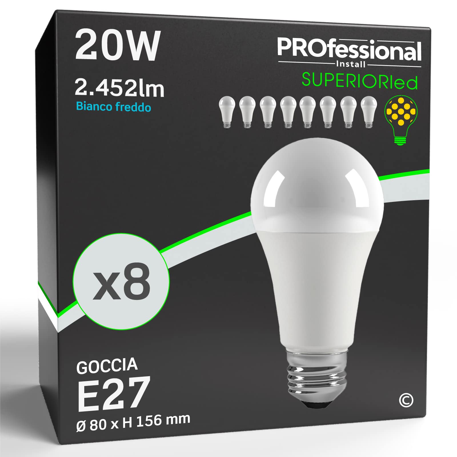 Eurocali 8 x Lampadine LED E27 20W Opaca (2452 lumen equivalenti a 150W) - Forma: Goccia A80 - Luce Bianco Freddo 6500K - Fascio Luminoso 310°