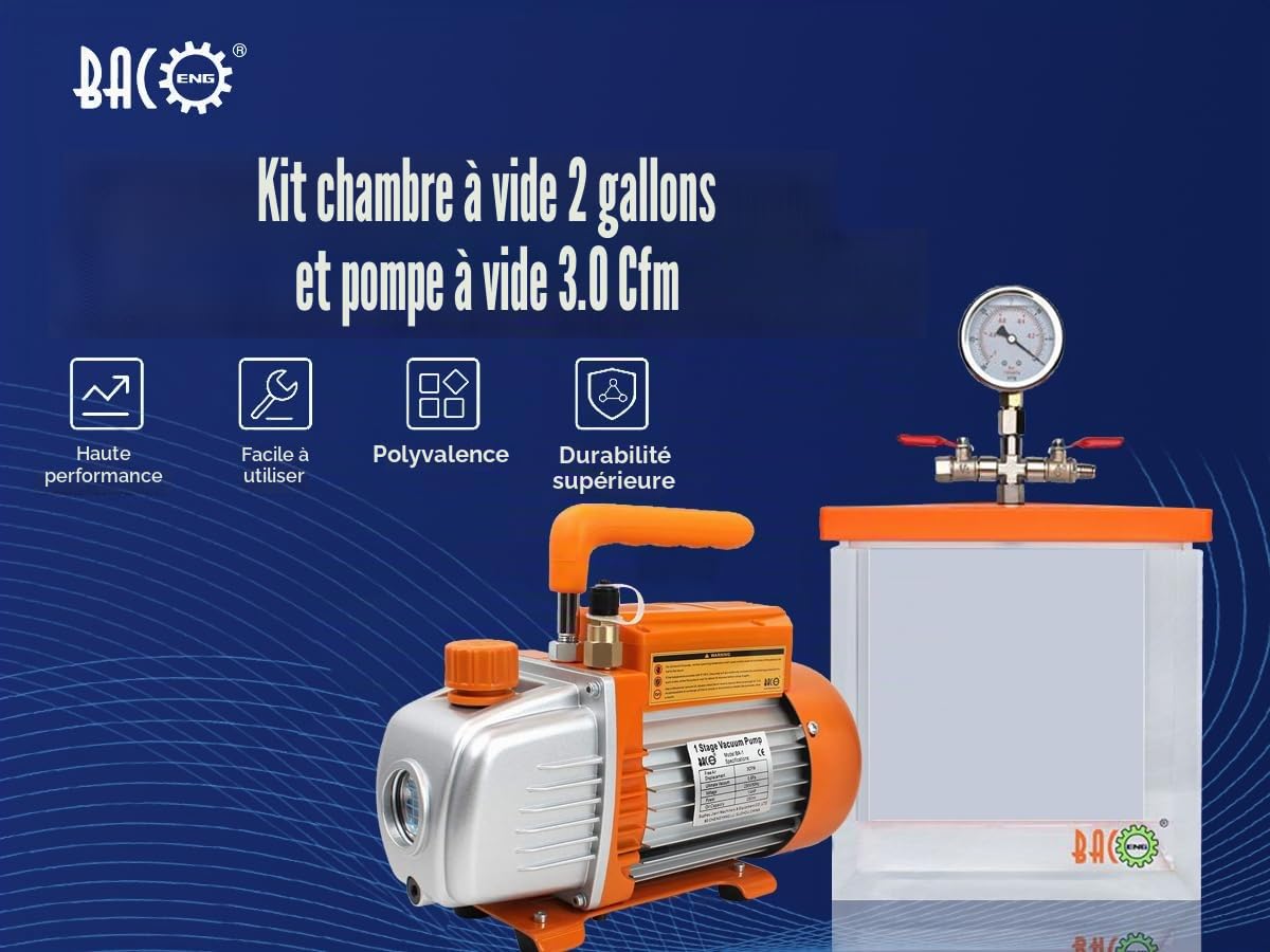 BACOENG Chambre à Vide avec Pompe, Chambre à Vide en Acrylique de 7,6 L, Pompe à Vide de 3 CFM, Tuyau à Vide de 150 CM, Accessoires Complets, à Utiliser avec Résine Époxy et Silicone