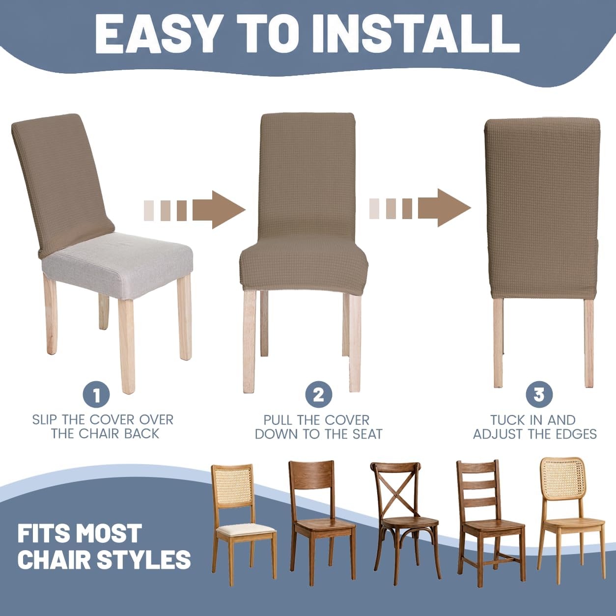 Waterproof Dining Chair Covers, Heavyweight Stretch Jacquard Chair Slipcovers Removable and Washable Chair Covers Seat Parson Chair Slipcover for Dining Room and Kitchen (Khaki, Set of 6)