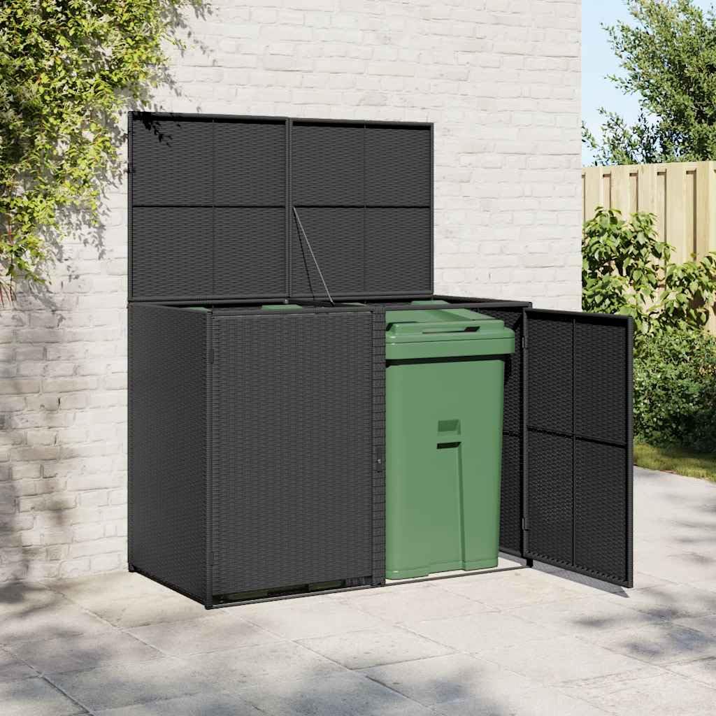 Mülltonnenbox für 2 Tonnen mit Türen und Schließsystem, Poly Rattan Schwarz 148x80x111 cm, Gartenlagerung