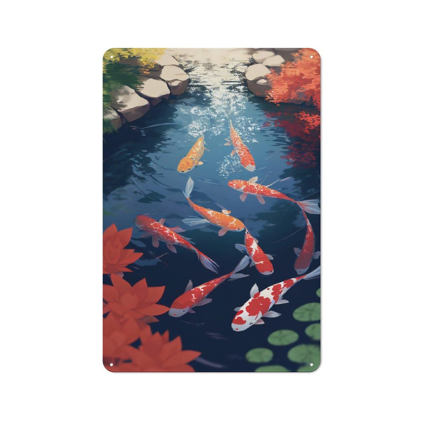 Distressed Look Pond Koi Fish Aesthetic Decorative Tin Sign 30x20cm, Retro Room Decor for Lounge, Study, Pub Or Wall Gallery