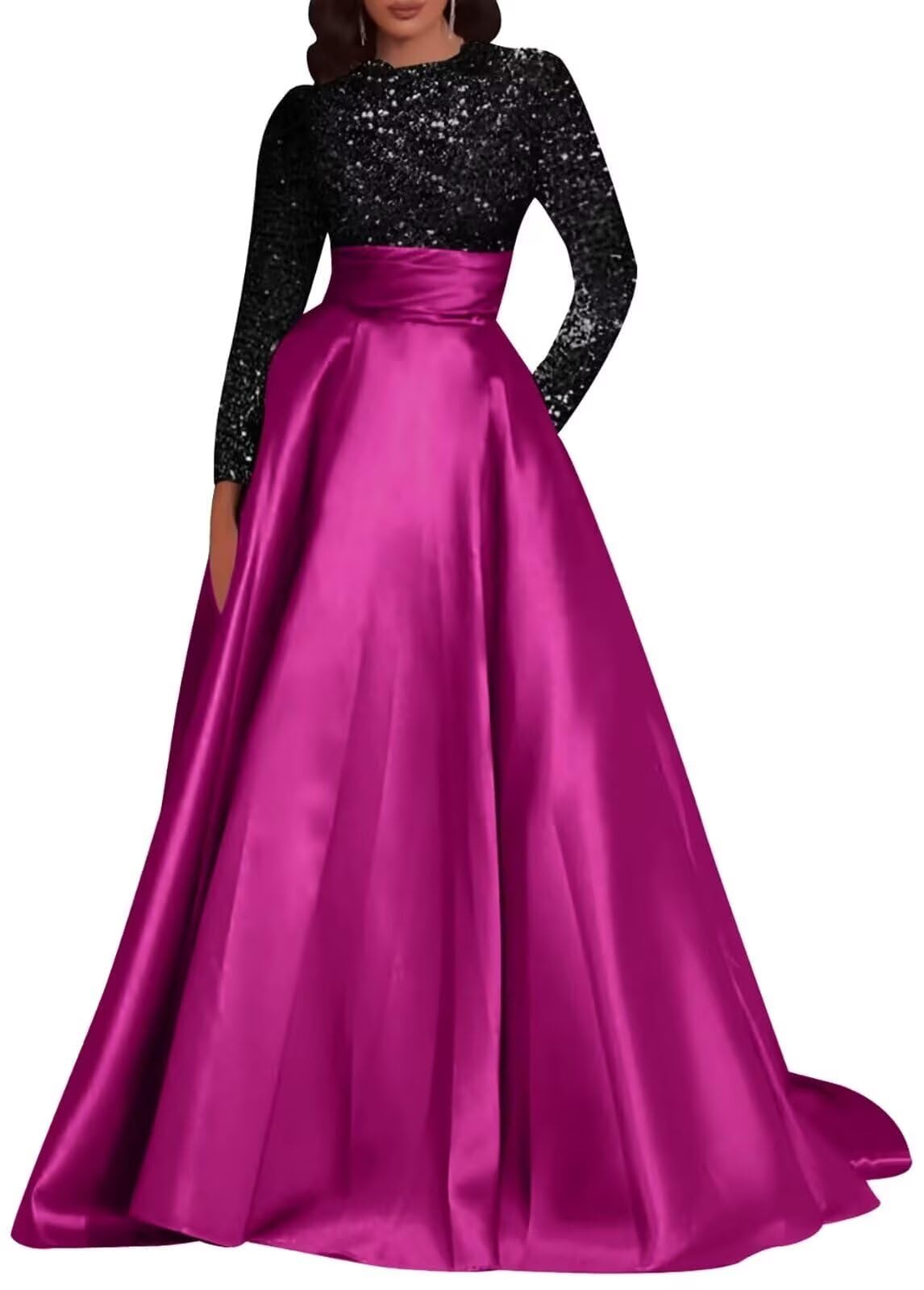 Prom Dresses for Women Sparkly Sequins Long Sleeve Ball Gown Formal Dress with Pockets LW140