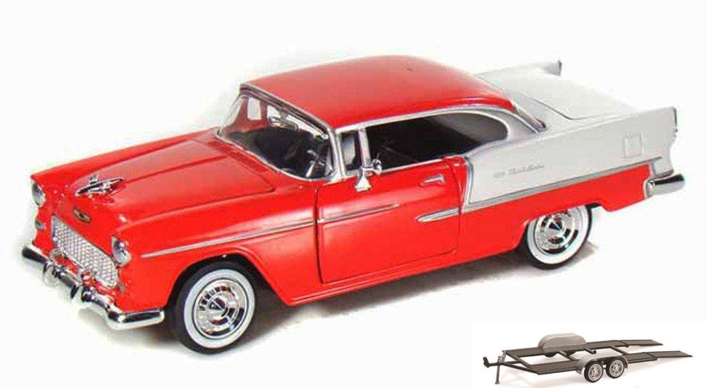 Diecast Car & Trailer Package - 1955 Chevy Bel Air, Red - Motormax Premium American 73229 - 1/24 Scale Diecast Model Car w/Trailer