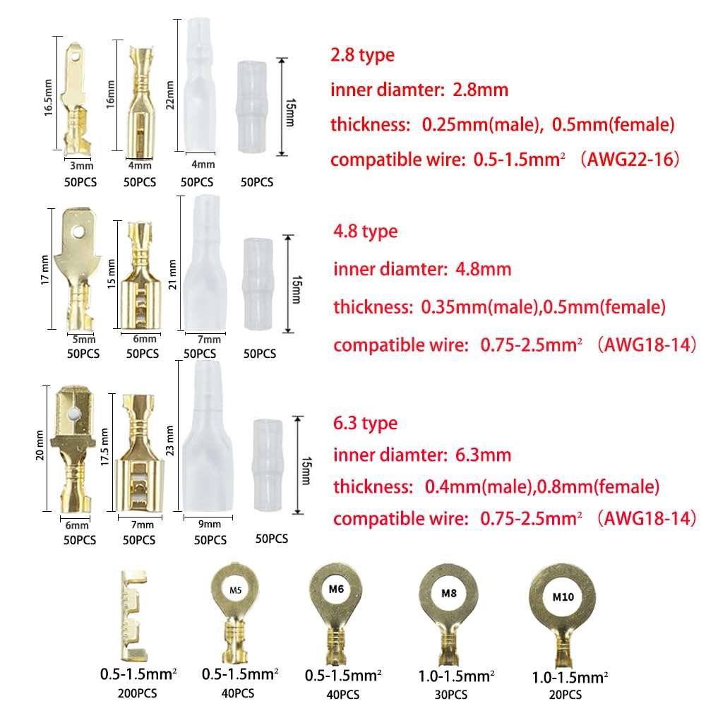 930PCS Insulated Female Male Spade Crimp Terminals Cable Lug Wire Connector Non-Insulated for DIY Assortment Kit HS-03BC - (Color: 930PCS with HS-03BC)