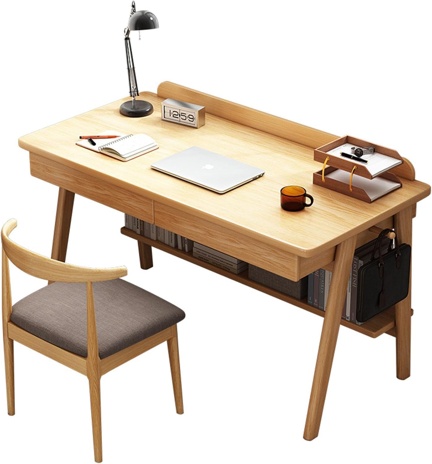 Biurko z litego drewna w stylu Mid-Century, nowoczesne biurko z naturalnego drewna, biurko na laptopa w stylu retro, biurko z litego drewna z 2 szufladami, biurko do pracy, proste biurko do