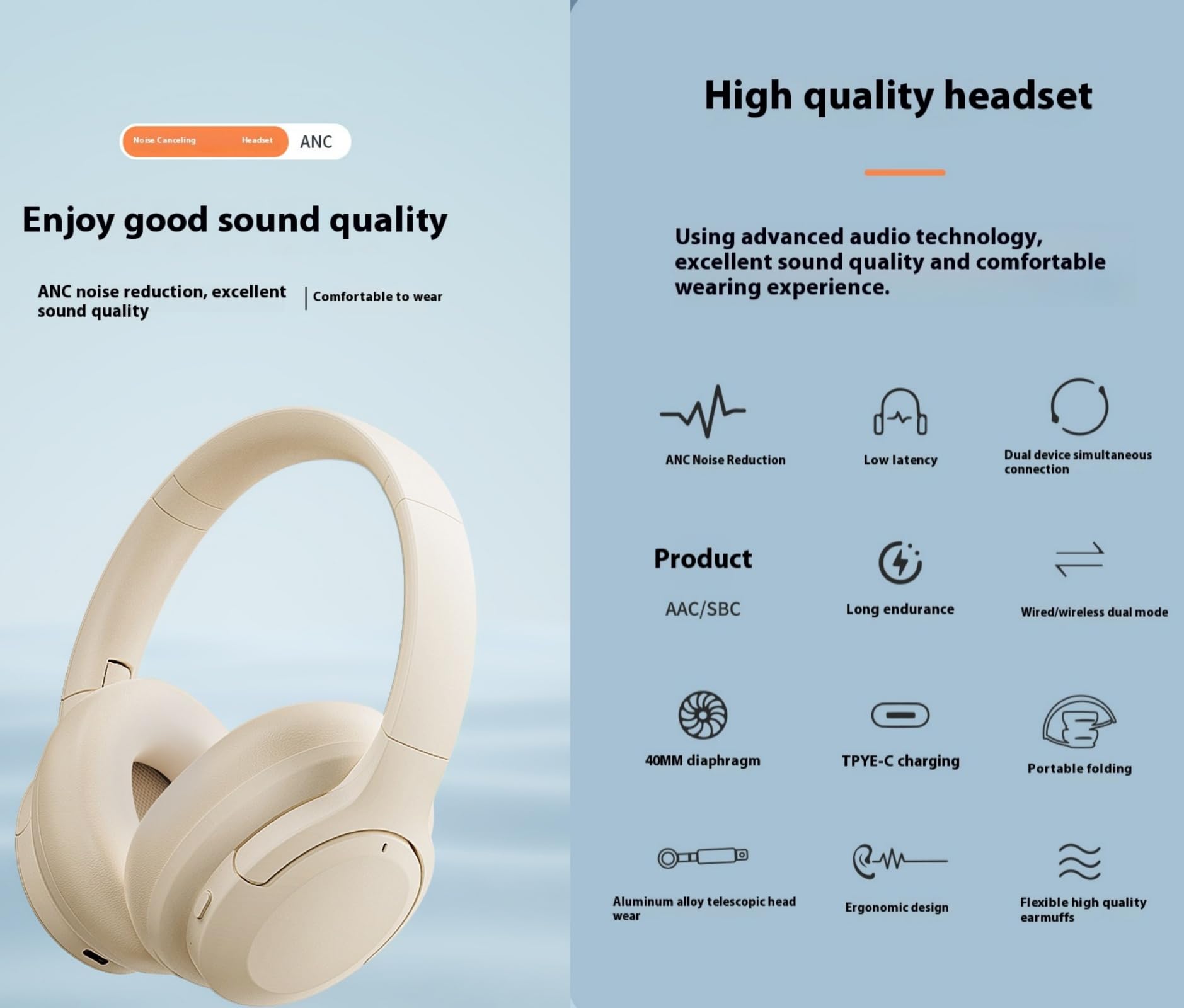 Cuffie Wireless Bluetooth con Cancellazione Attiva del Rumore, Bluetooth 5.3 Hi-Fi Stereo con Microfono, Leggere e Pieghevoli, adatte per PC/Telefono e altri Dispositivi Bluetooth - Beige