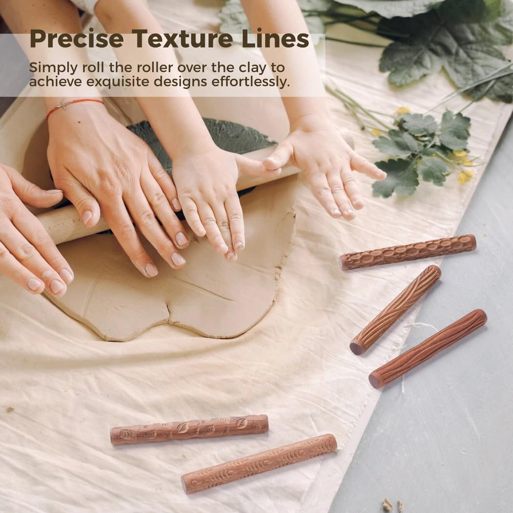 Lot de 5 rouleaux à pâtisserie en bois avec motifs de feuilles, poissons, galets et grains pour artistes