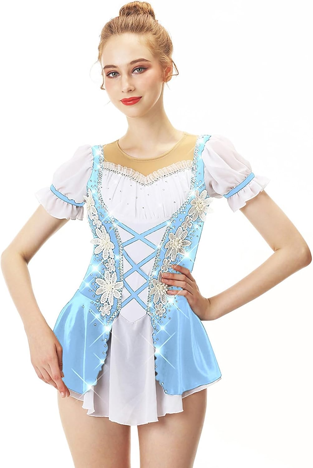 Girl Figure Skating Dress High Elasticity Short Sleeve Comfortable Breathable Rhinestone Wear