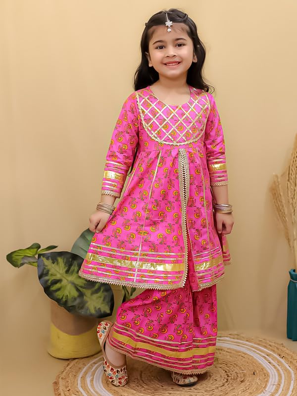 Image of superminis Girls Cotton Floral Printed Gotta Work 3 /4 Sleeves Sharara Suit Ethnic Wear Set