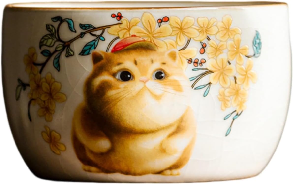 米黄汝窑喜萌小猫直边杯陶瓷开片主人杯 Ceramic Kung Fu Tea Set,teapot,Teacups,warming Wedding Birthday Gift,Tea Tray Chinese,Dishwasher Safe 120ML-米黄汝窑-直边主人杯【喜萌小猫】