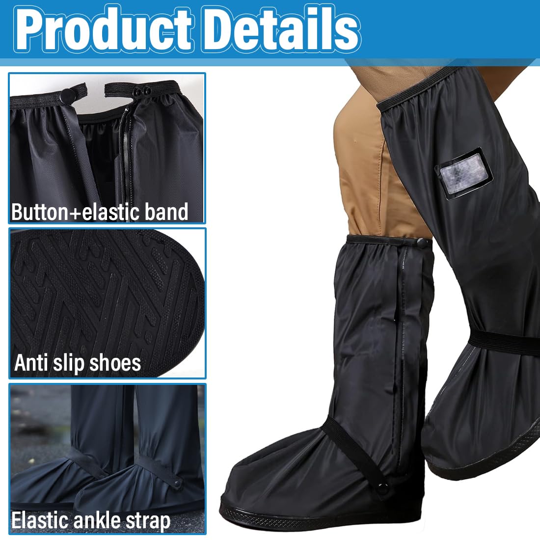 Paire de Surchaussures Imperméables Hautes avec Fermeture Éclair et Bandes Réfléchissantes, Couvre Chaussure Antidérapant pour Moto, Vélo, Randonnée sous la Pluie et la Neige