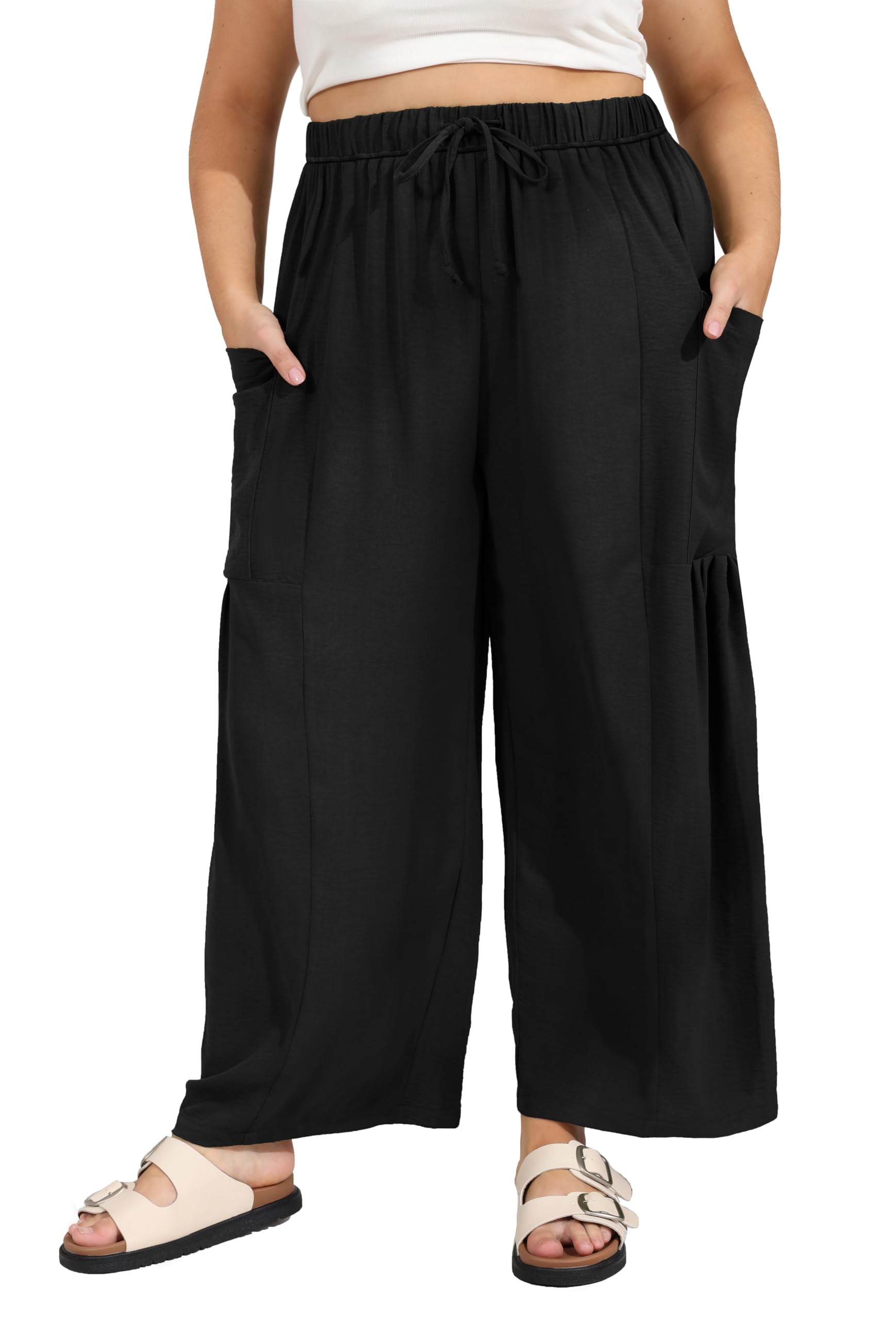 SEKINO Womens Plus Size Wide Leg Palazzo Pants Drawstring Casual Loose Beach Travel Vacation Flowy Lounge Pants with