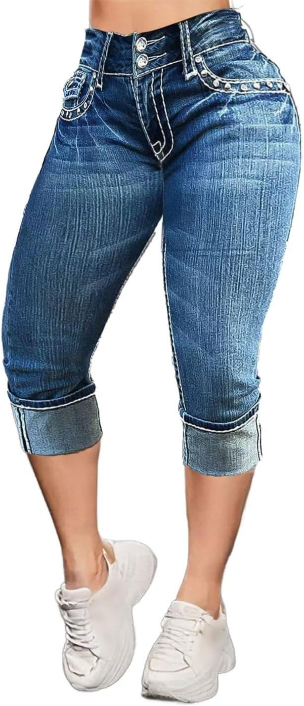 Flamingals High Waist Capris Jeans for Women Casual Summer Butt Lifting Skinny Denim Capri
