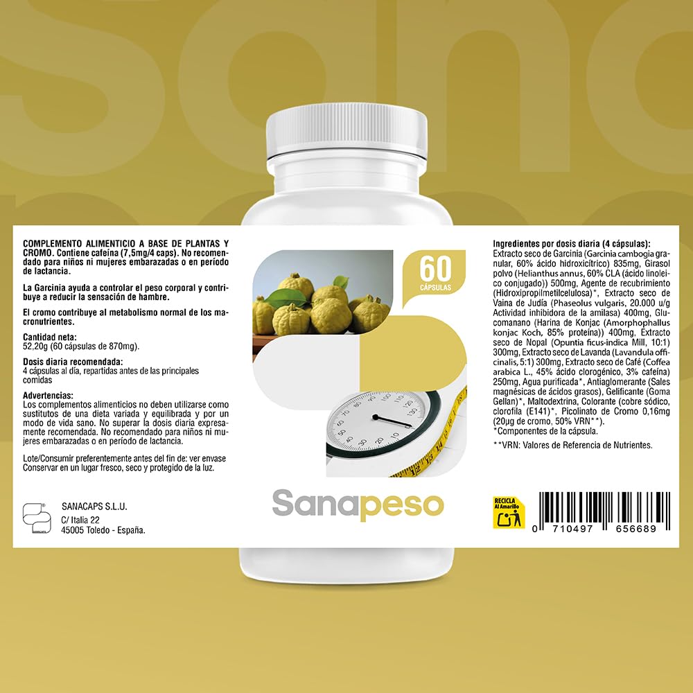 Cápsulas Naturales para el Control de Peso - Con Garcinia Cambogia | Extracto Seco de Café | Ayuda a Controlar el Apetito |Fabricado en España | Sin Gluten ni Lactosa - SANACAPS (3 Botes)