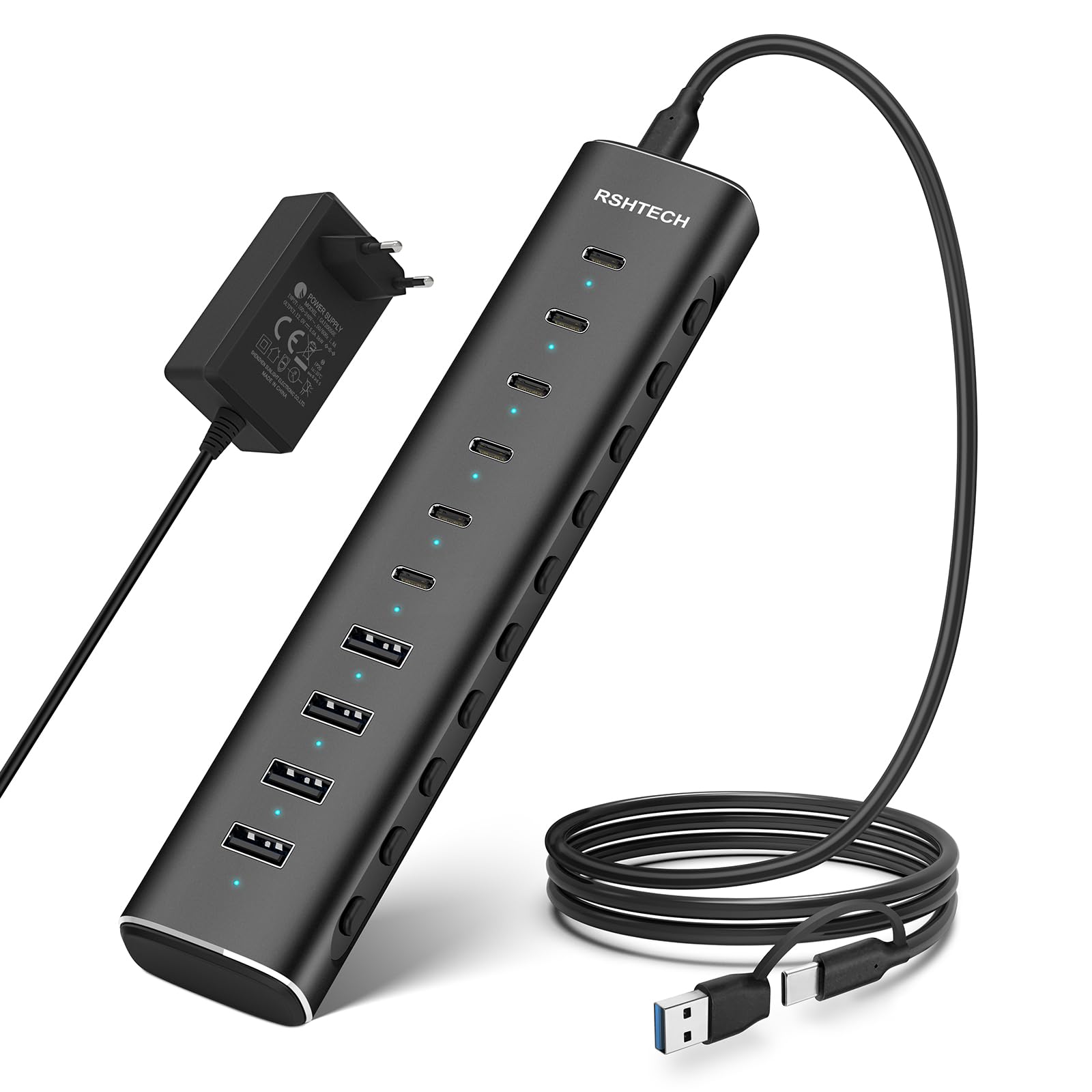 RSHTECH Hub USB C 3.2 Zasilany 10 portów, 60 W Aluminium, Multiportowy adapter 10 Gb/s z 6 × USB-C 3.2 + 4 × USB-A 3.2, adapter 12V/5A, 1 m USB-C/A, RSH-H10C6