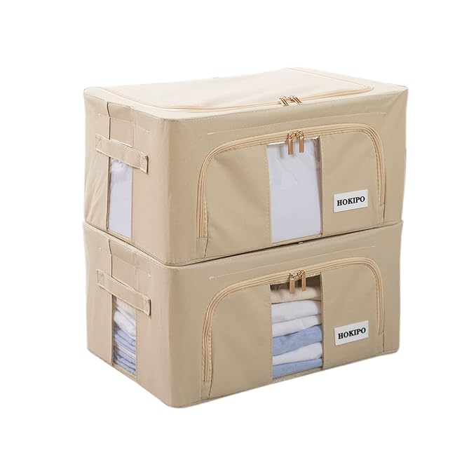 HOKIPO 600D Wardrobe Organizer for Clothes, Storage Box 24L, 2 Pc, Beige