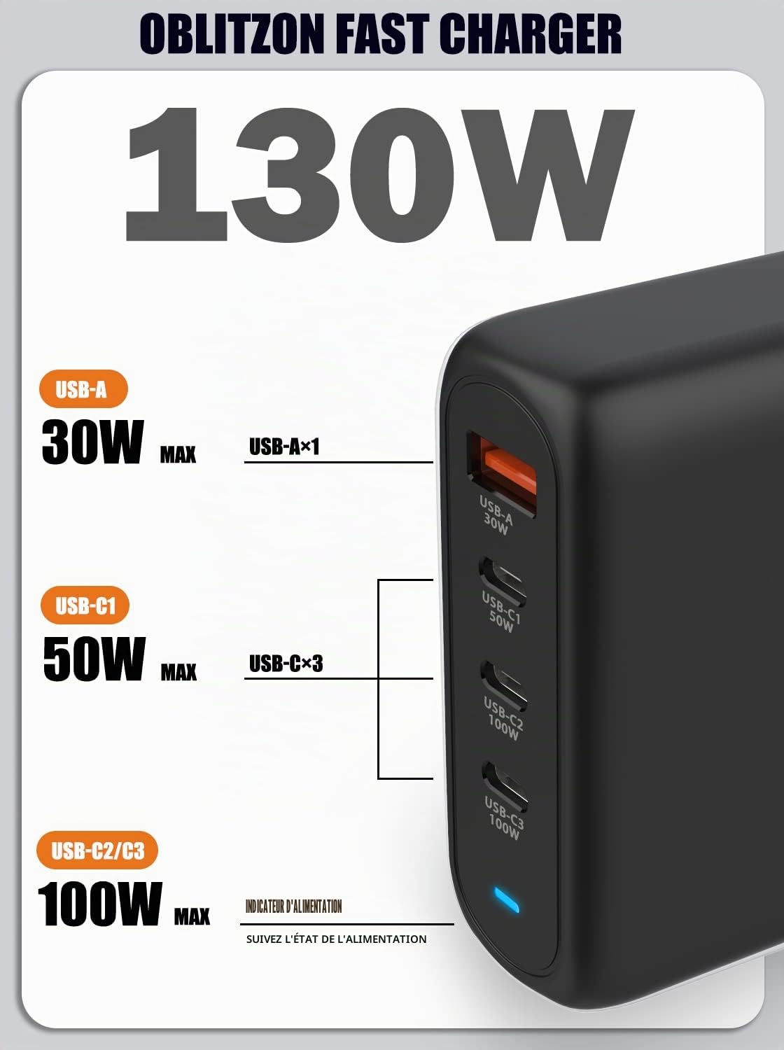 130W USB C Chargeur Rapide, PD 100W+QC 30W PPS PD GaN Chargeur 4 Ports Adaptateur Type C avec Câble 100W pour MacBook Pro/Air, Dell XPS 15, Huawei, iPhone 14/13, iPad Pro, Galaxy S22/S21