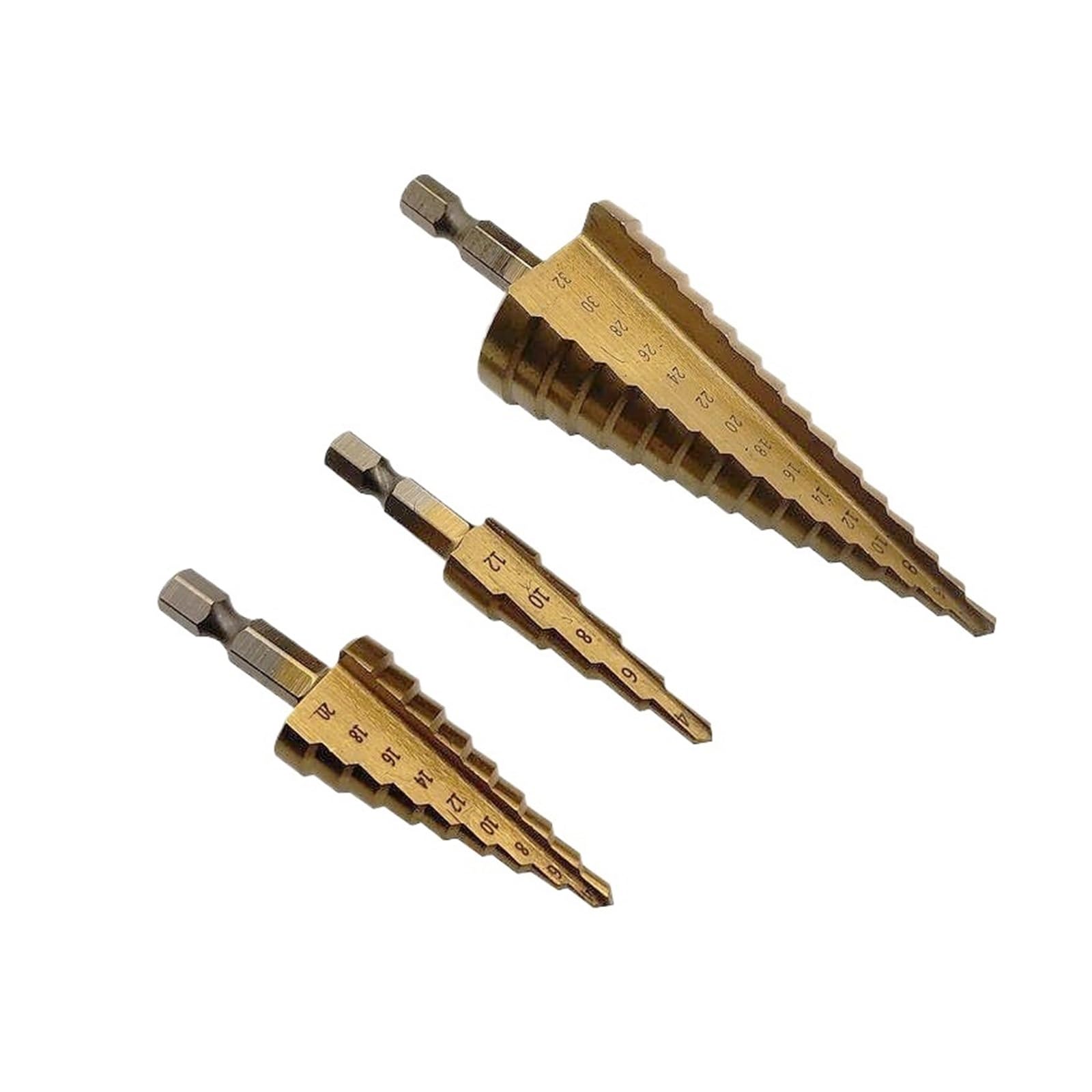 Juego de brocas escalonadas cono HSS titanio 3 piezas | Herramientas cortadoras de agujeros multiusos de 4-12/4-20/4-32 mm(No packing)