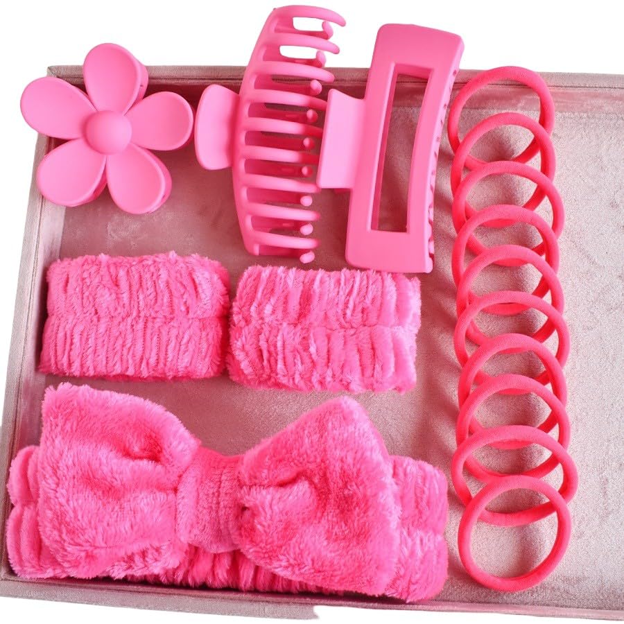 Zaritaffy 16pcs Skincare Headband Set, Headband Set for Face Washing Spa and Makeup, Including 1 Hairband, Wristband, 3 Hair Claw Clips and 10 Hair Ties, with Box, and Girls, Pink