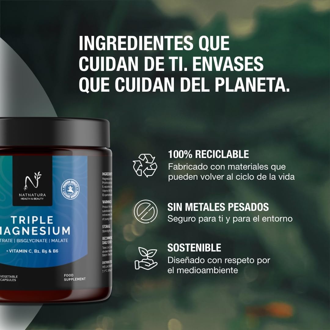 Magnesio Triple – Citrato de magnesio, Bisglicinato y Malato | 442 mg de magnesio elemental por dosis + Vitaminas B1, B5, B6 y C | Antifatiga, Calambres y Recuperación Muscular | 150 cápsulas.
