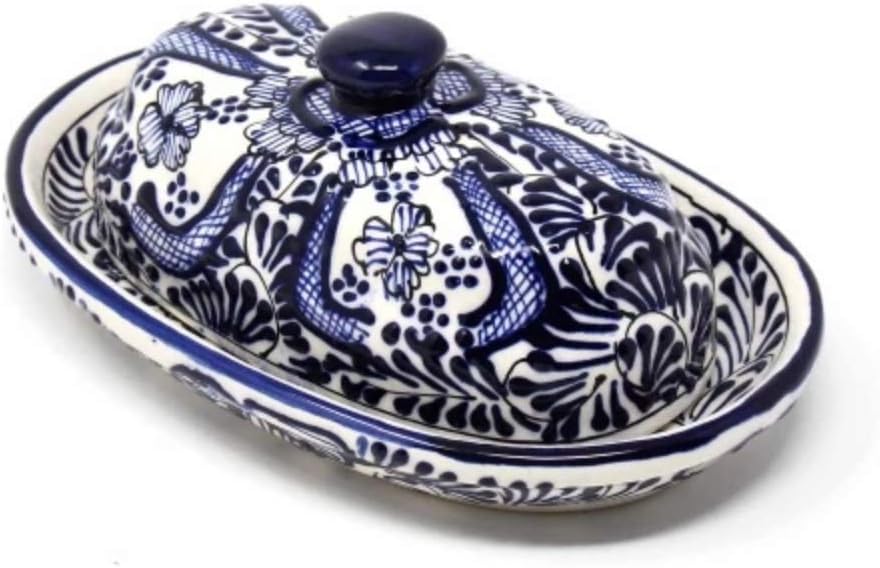 Global Crafts Encantada MC129F - Butter Dish with Lid - Hand-Painted Mexican Pottery, Cobalt Flower