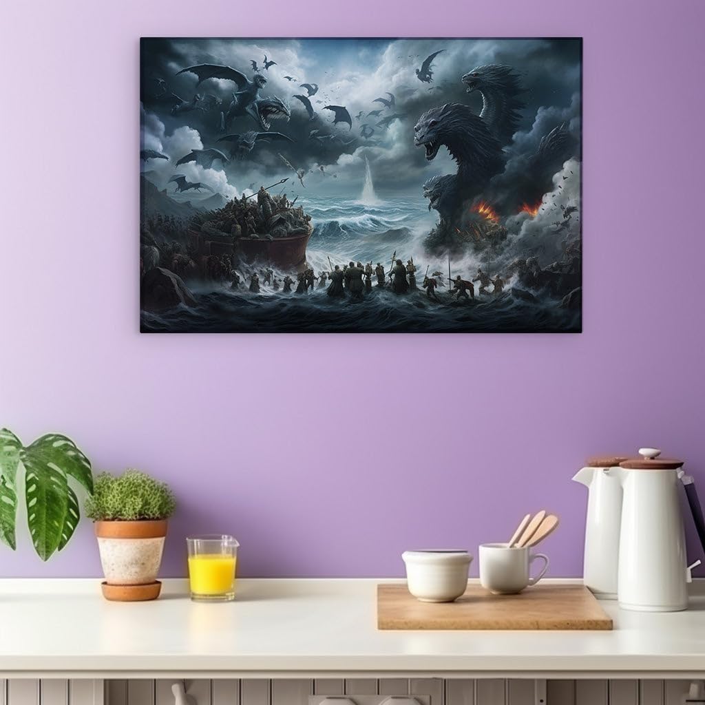 Canvas for Living room. Clash of the Titans: Swords and Spears Against Sea Dragons, 27 x 18 inch Canvas Wall Art - Modern Home Decor - 69x46 cm (27x18 inch)
