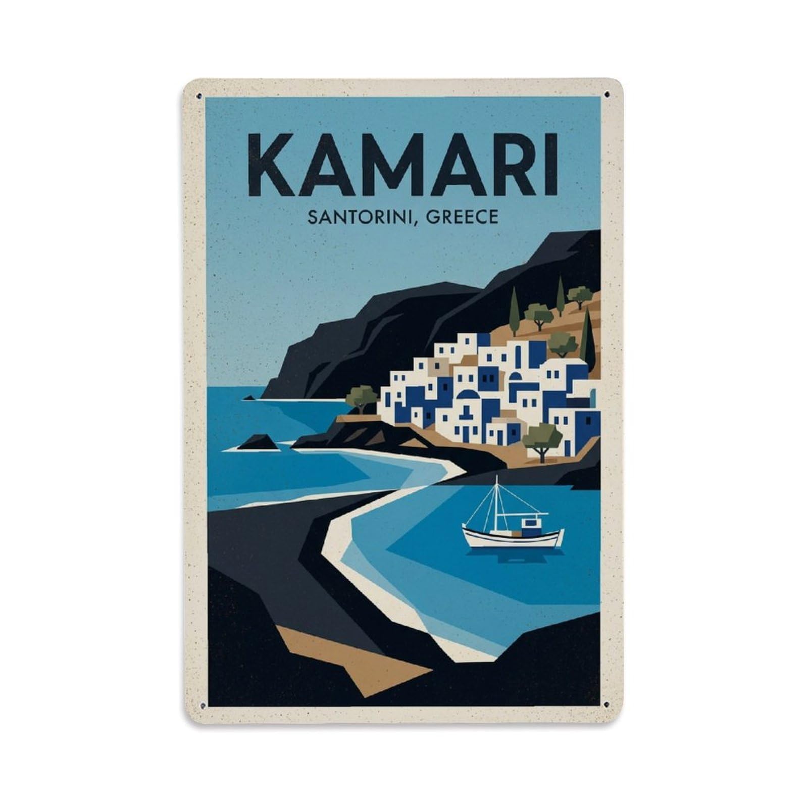 Fyrn Style Metal Tin Sign Vintage Travel Kamari Greece Shoreline