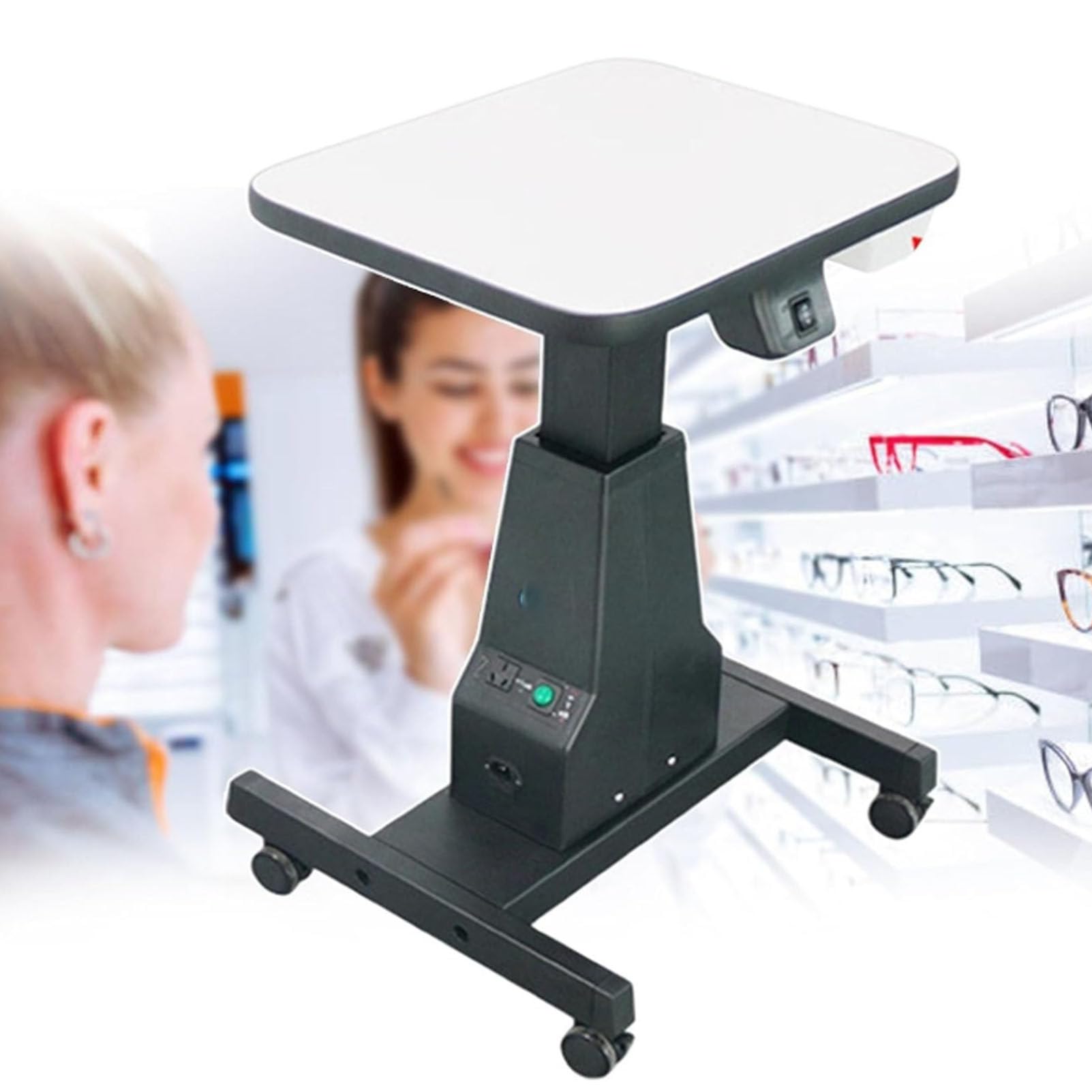 Tavolo di sollevamento elettrico ottico con cassetto per occhiali, regolazione dell'altezza, 170 mm, scrivania motorizzata per strumenti per clinica odontoiatrica optometria bianca