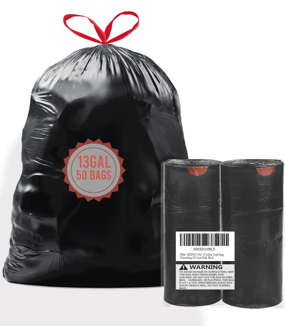 BEIDOU-PAC 13 Gallon Trash Bags Drawstring, 50 Count Bulk, Black & Unscented Garbage Bags, Multi-purpose Tall Kitchen Trash Bags Can Liners for