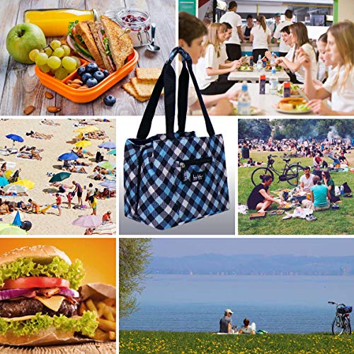 Nicole Miller of New York Insulated Waterproof Lunch Box Cooler Bag - 11" Lunch Tote (Blue Plaid)