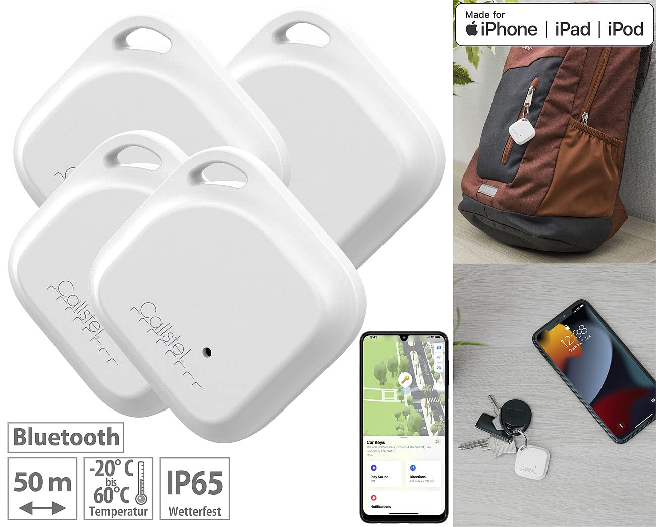 Callstel Ortungstracker: 4er-Set Schlüssel- & Gegenstandsfinder, Apple-AirTag-kompatibel, MFi (Schlüsselfinder Mini, Schlüsselbund-Finder, Koffer)