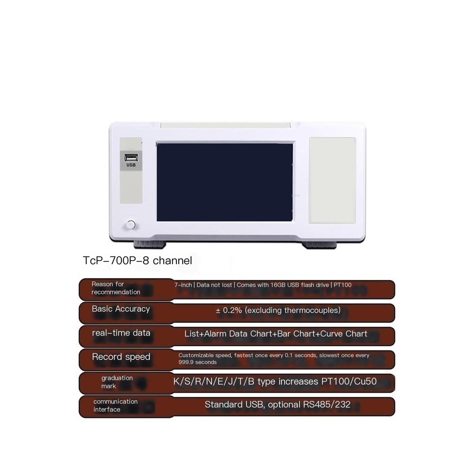Registratore dati di temperatura a 8 canali, TCP-700P, schermo da 7", compatibile PT100/Cu50, USB da 16 GB, precisione ±0,2%