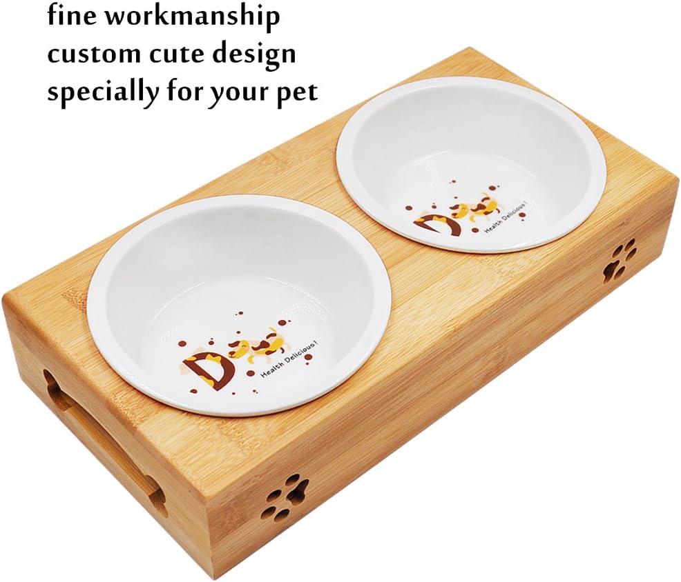 MLCINI Raised Dog cat Bowls with Stand, Solid Bamboo Non Slip Elevated Dog cat Bowls and 2 Stainless Steel Food Water Bowls for Small Medium Dogs Cats pet (S-Ceramic Bowls)