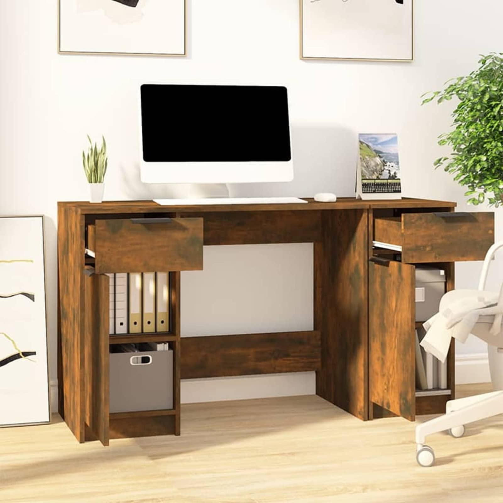 Homgoday Mobilier de bureau avec meuble latéral chêne fumé en bois multicouche, décoration de meubles, meubles d'intérieur/extérieur pour salon bureau