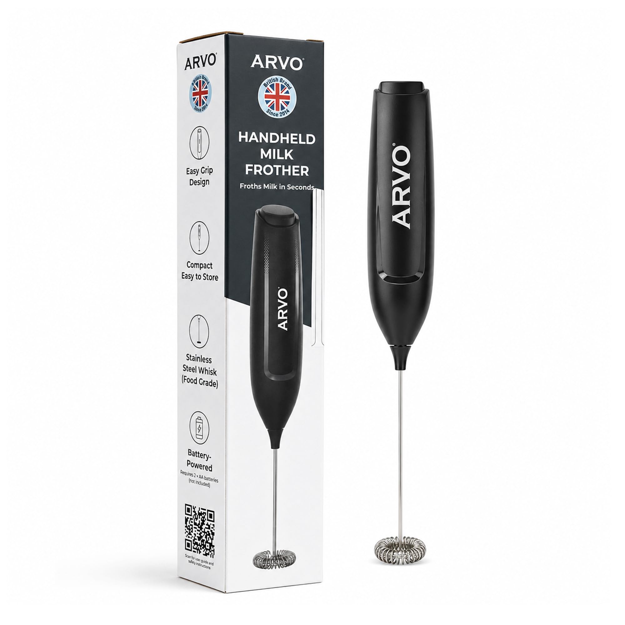 ARVO Handheld Milk Frother, Battery Powered Coffee Whisk, Black