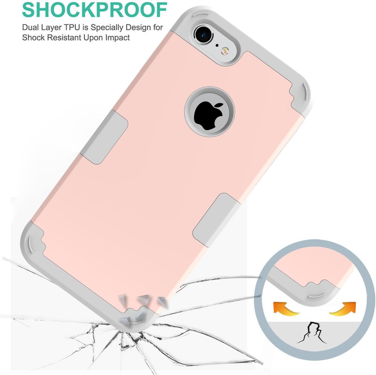 LONTECT Hybrid Heavy Duty Shockproof Full-Body Protective Case with Dual Layer Hard PC+ Soft Silicone Impact Protection for Apple iPhone 7, Rose Gold/Grey