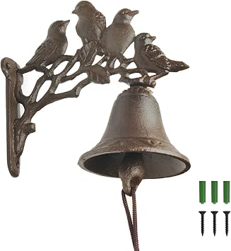 Hanging Dinner Bell Outdoor or Indoor, Vintage Cast Iron Bell Wall Mounted Bells Hand Shaking Door Bells with 4 Birds Pattern